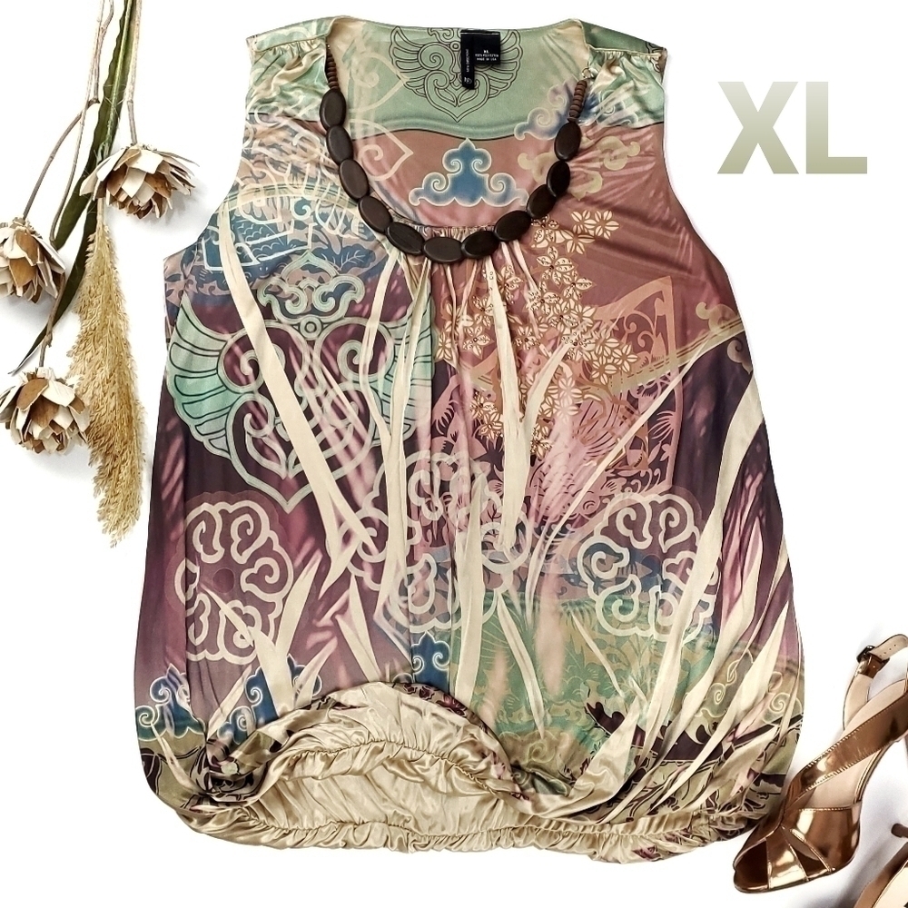 New Gold Multicolored Boho Beaded Blouse XL